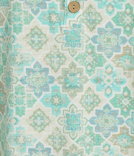 Multiples Georgette Printed Split V-Neck 3/4 Pleated Flounce Sleeve Knit Top Product Image