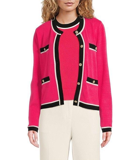 KARL LAGERFELD PARIS Knit Crew Neck Long Sleeve Embellished Button-Front Cardigan Product Image