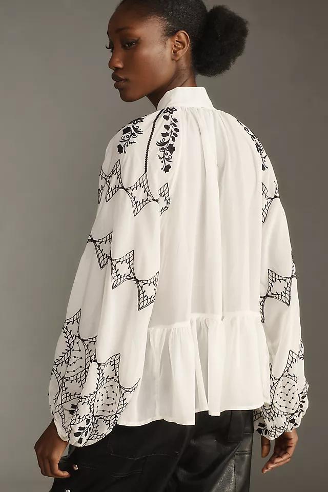 By Anthropologie Long-Sleeve Tie-Neck Embroidered Blouse Product Image