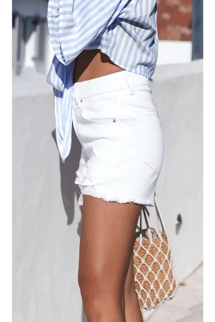 White Distressed Frayed Denim Shorts Product Image