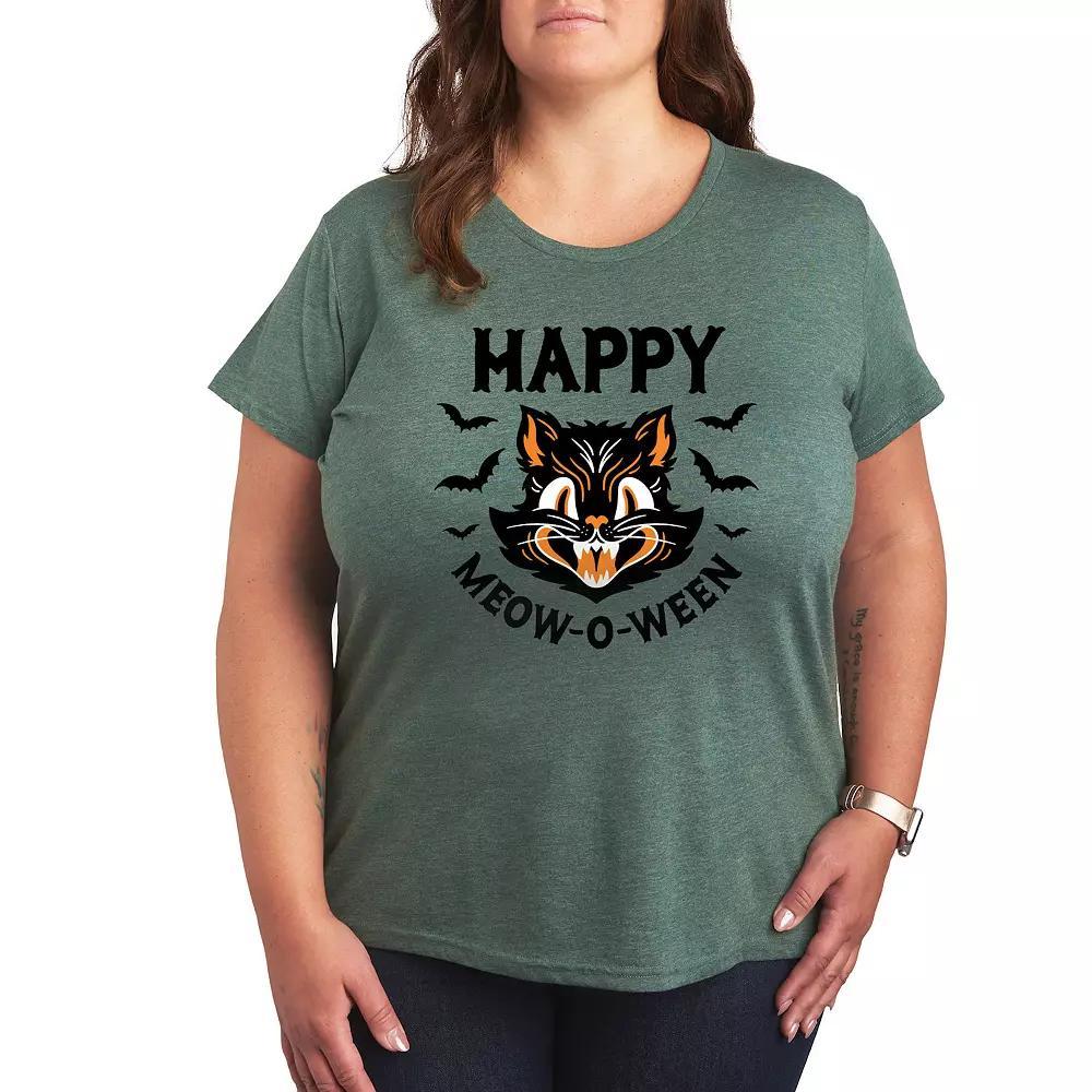 Plus Size Vintage Cat Happy Meow O Ween Graphic Tee, Women's, Size: 1XL, Grey Green Product Image