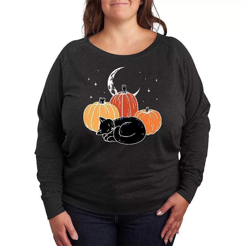 Plus Size Black Cat Pumpkin Nap Lightweight French Terry Sweatshirt, Womens Heather Grey Product Image