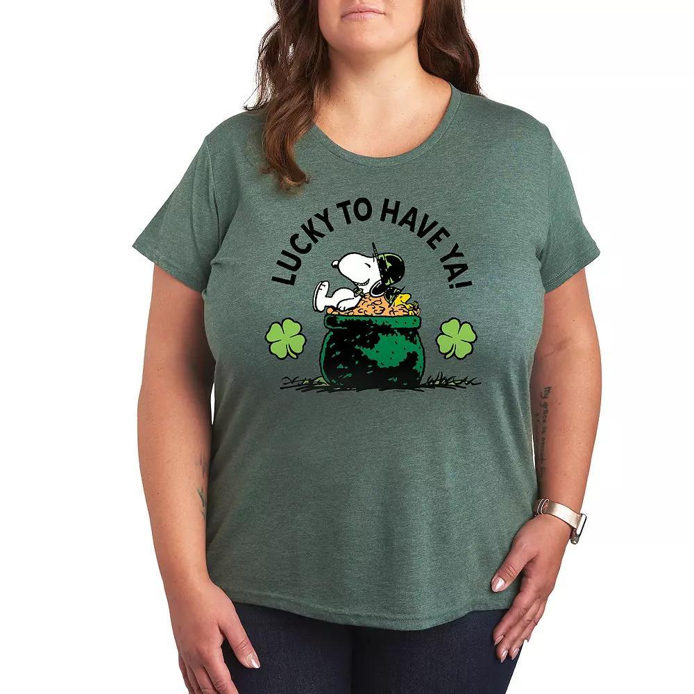 Plus Peanuts Snoopy & Woodstock Lucky To Have Ya Graphic Tee, Women's, Size: 1XL, Grey Green Product Image