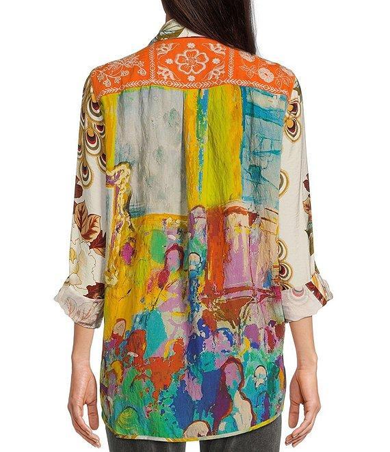 John Mark Point Collar Button Front Long Roll-Tab Sleeve Embroidered Panel Multi Print Tunic Product Image