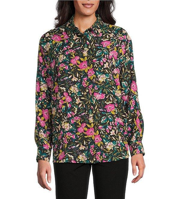 Investments Multi Vintage Floral Dolman Long Sleeve Button Front Point Collar Blouse Product Image
