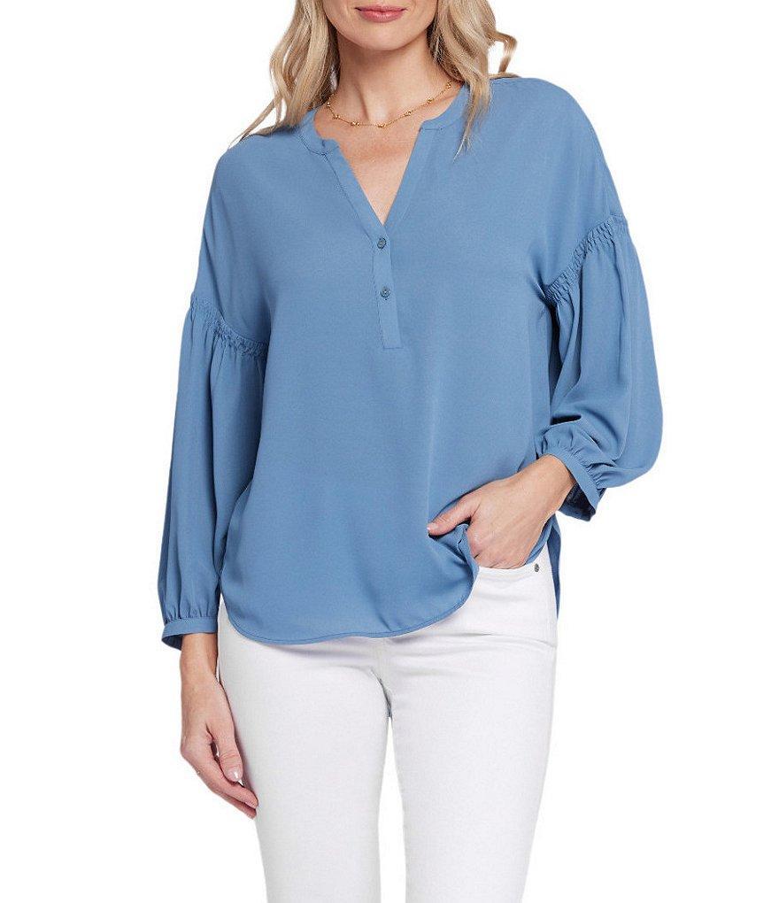 NYDJ Paulina Peasant Split V Neckline Woven Button Front Blouse Product Image