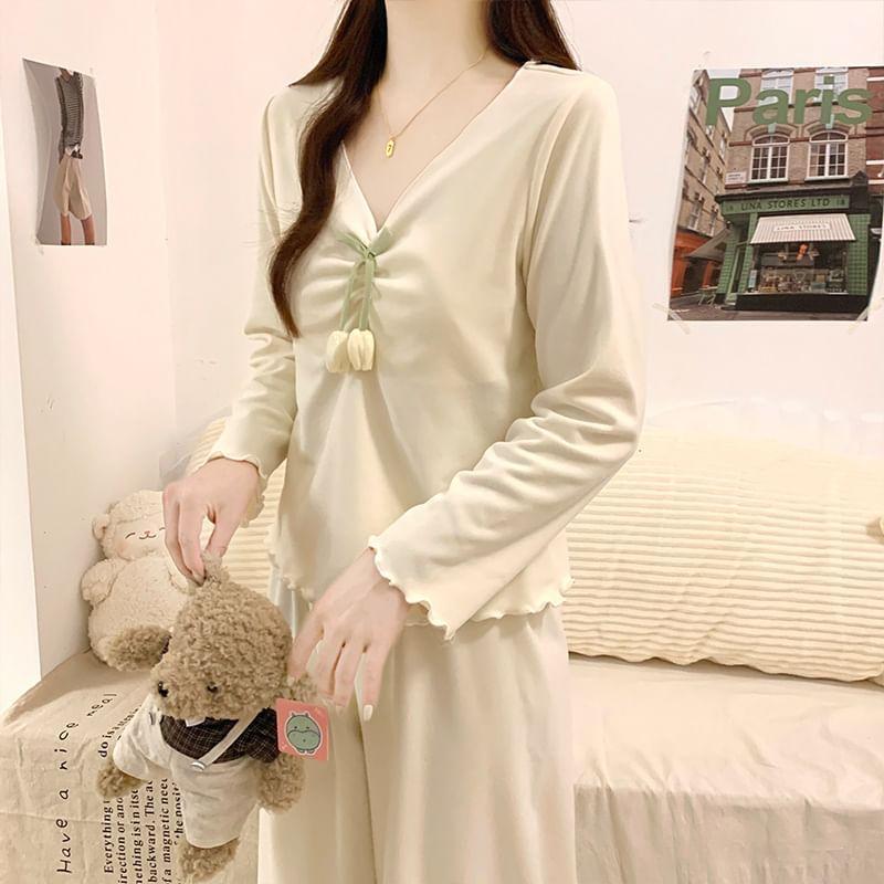 Pajama Set: Long-Sleeve V-Neck Bow Accent Lettuce Edge Padded T-Shirt + Pants Product Image