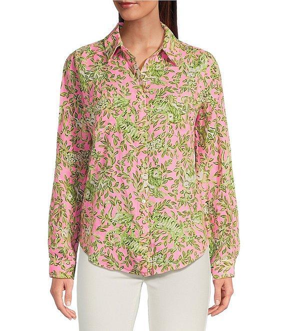 Lilly Pulitzer Sea View Woven Linen Printed Point Collar Long Sleeve Button Down Blouse Product Image