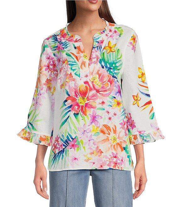John Mark Floral Printed Split-V Neck 3/4 Ruffle Sleeve Top Product Image