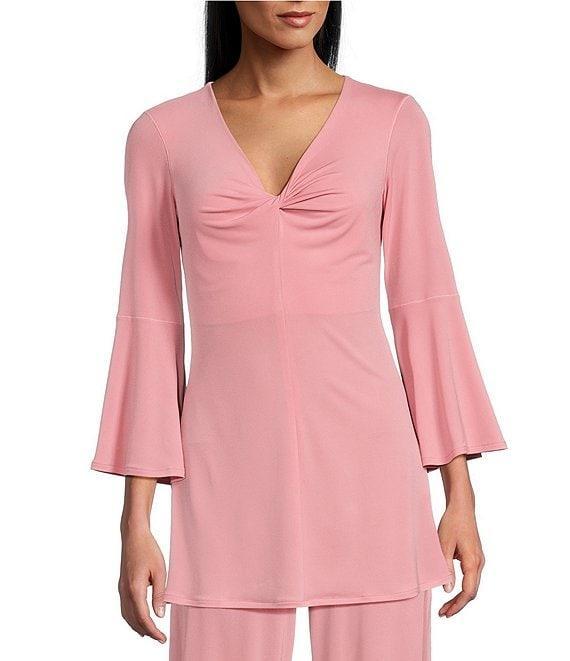 Eva Varro Knit Jersey Twist V-Neck 3/4 Bell Sleeve A-Line Flowy Tunic Product Image