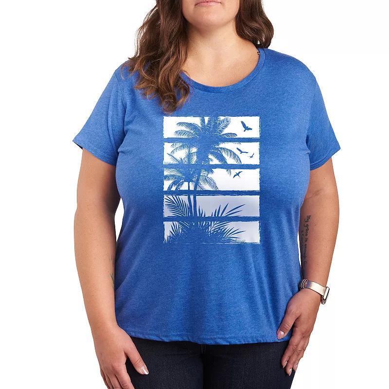 Plus Palm Tree Silhouette Panels Graphic Tee, Women's, Size: 2XL, Grey Blue Product Image