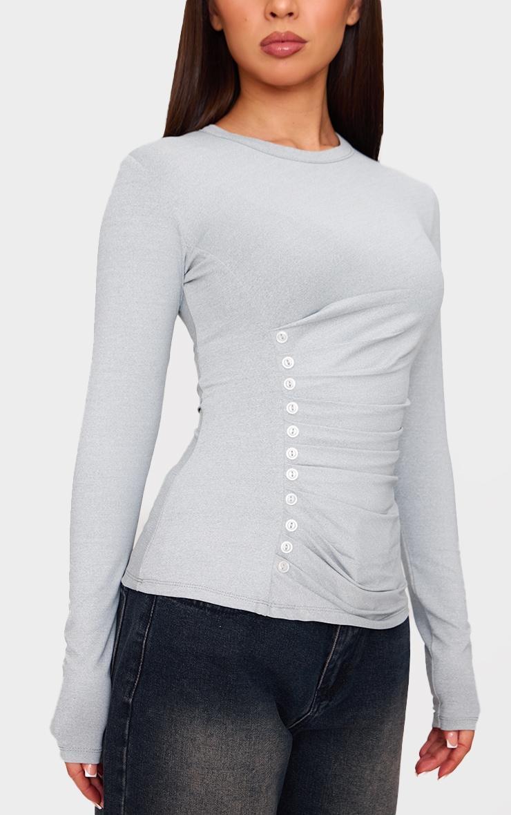 Petite Grey Marl Long Sleeve Button Detail Top Product Image