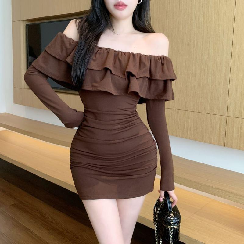 Long Sleeve Off Shoulder Plain Ruffle Ruched Mini Sheath Dress Product Image