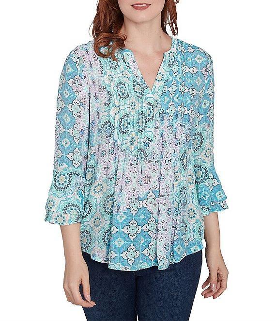Ruby Rd. Silky Pleated Tile Patchwork Print Split V-Neck 3/4 Ruffle Sleeve Top Product Image