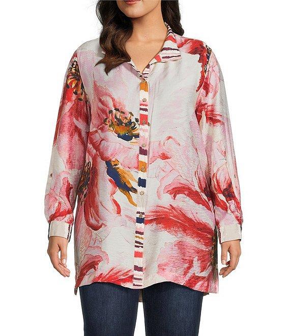 John Mark Plus Size Floral Wire Collar Long Roll-Tab Sleeve Hi-Low Hem Button-Front Tunic Product Image
