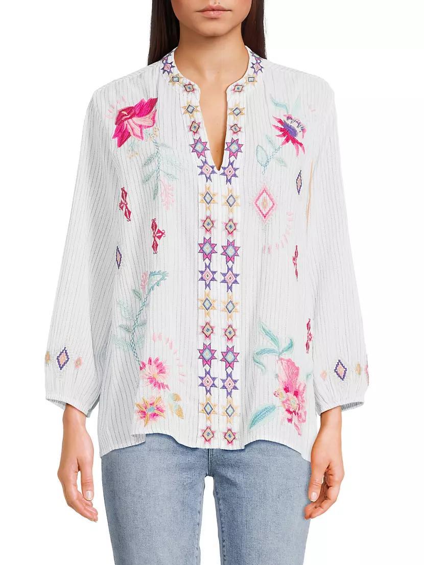 Paris Embroidered Cotton Split-Neck Blouse Product Image