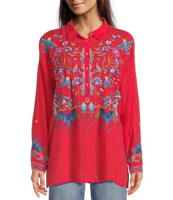 JOHNNY WAS Audrey Embroidered Placement Floral Point Collar Roll-Tab Long Sleeve Five-Button Half-Placket Tunic Product Image
