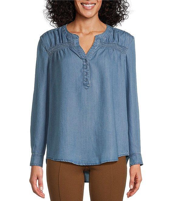 Intro Petite Size Lyocell Slub Shirred Yoke Long Roll-Tab Sleeve Shirred Popover Top Product Image