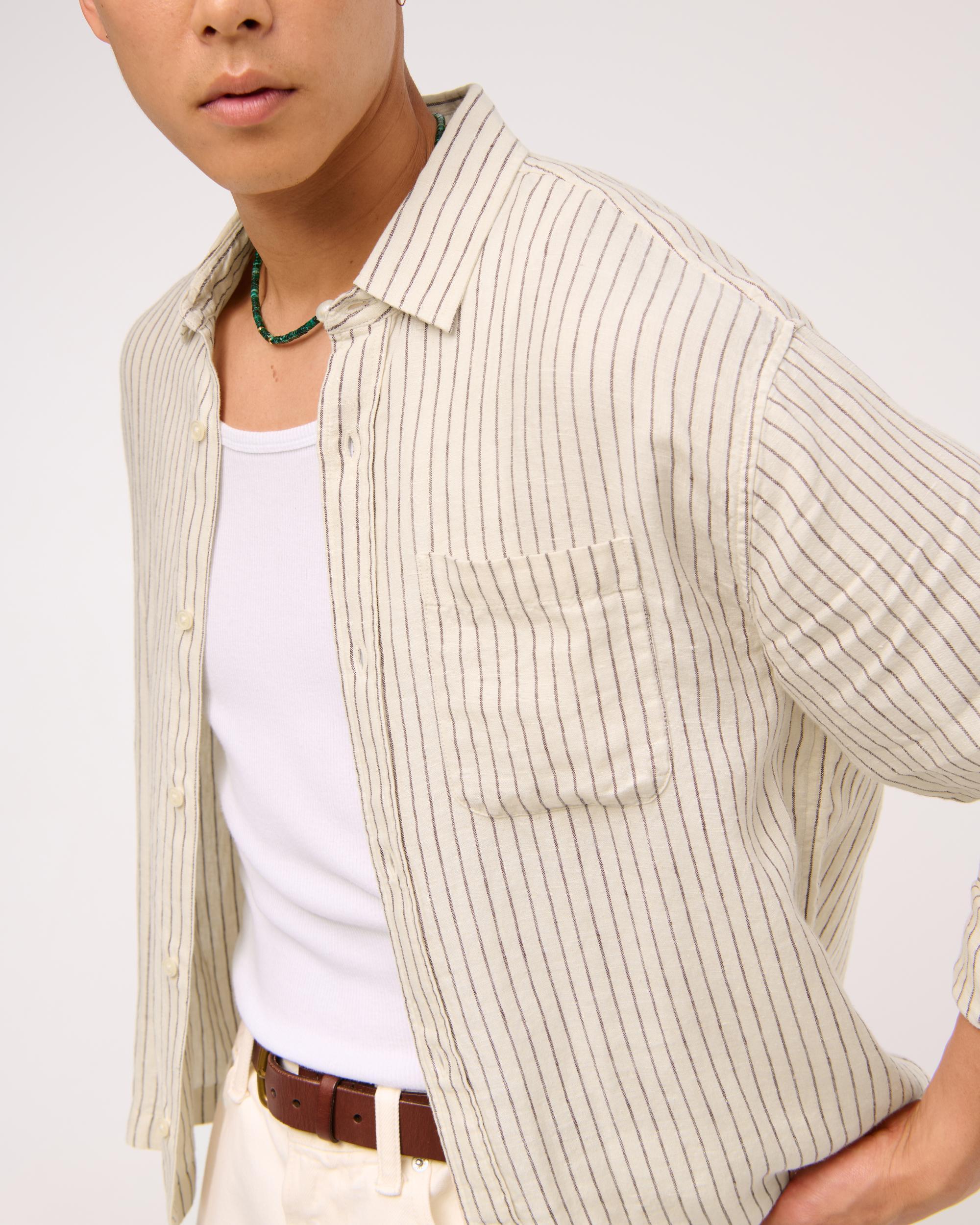 Cropped Linen Button-Up Shirt Product Image