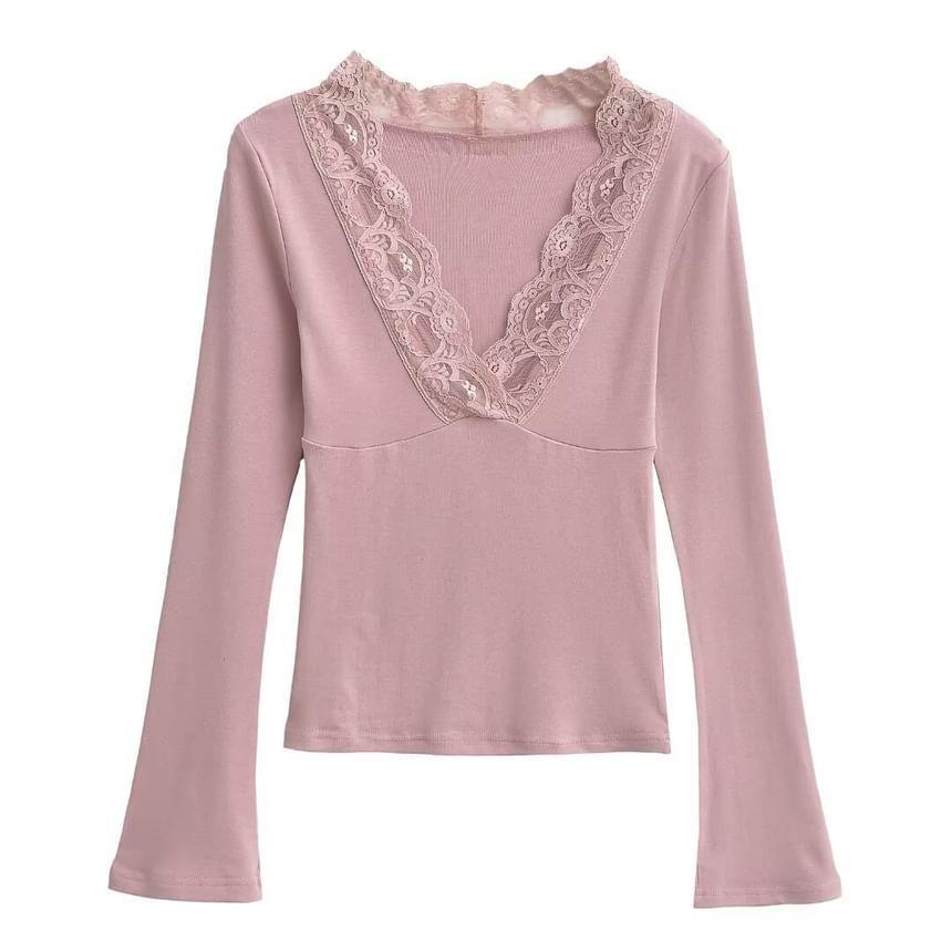 Long-Sleeve V-Neck Lace Trim Plain Top Product Image