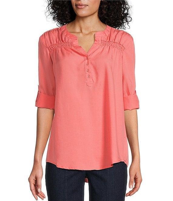 Intro Petite Size Lyocell Slub Long Roll-Tab Sleeve Shirred Popover Top Product Image