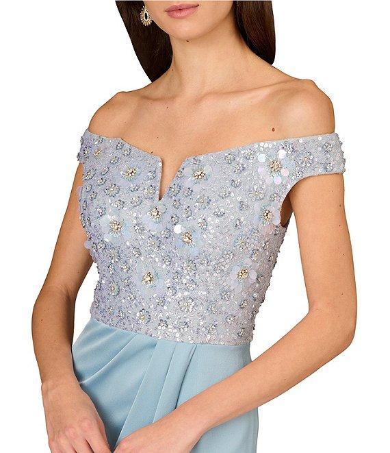 Aidan Mattox Beaded Mesh Off-The-Shoulder Cap Sleeve Satin Column Dress Product Image