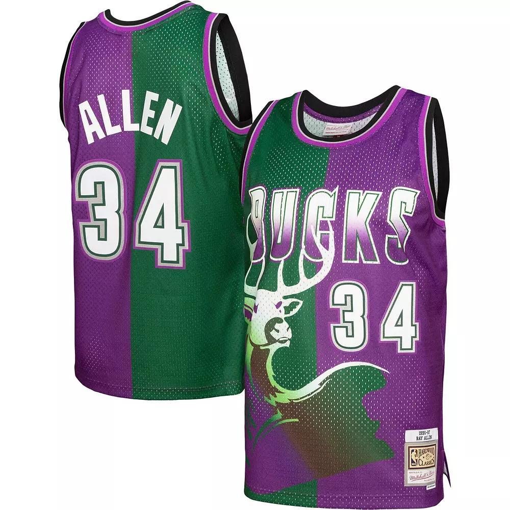 Men's Mitchell & Ness Ray Allen Green/Purple Milwaukee Bucks Hardwood Classics 1996-97 Split Swingman Jersey, Size: Medium Product Image