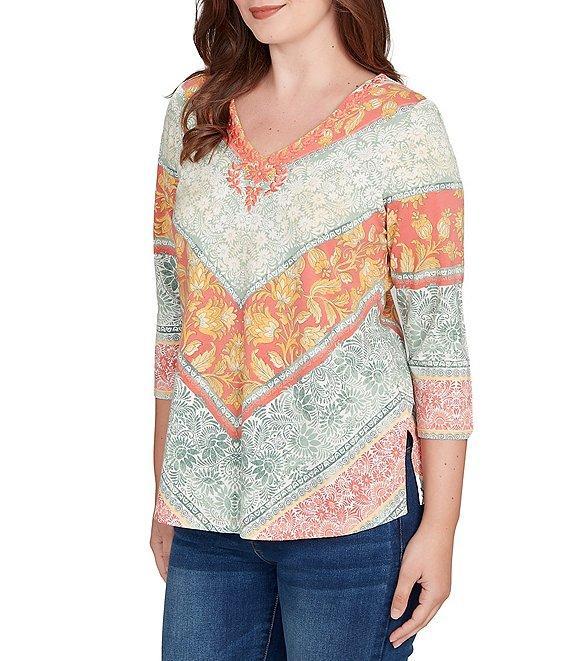 Ruby Rd. Knit Floral Chevron V-Neck 3/4 Sleeve Top Product Image