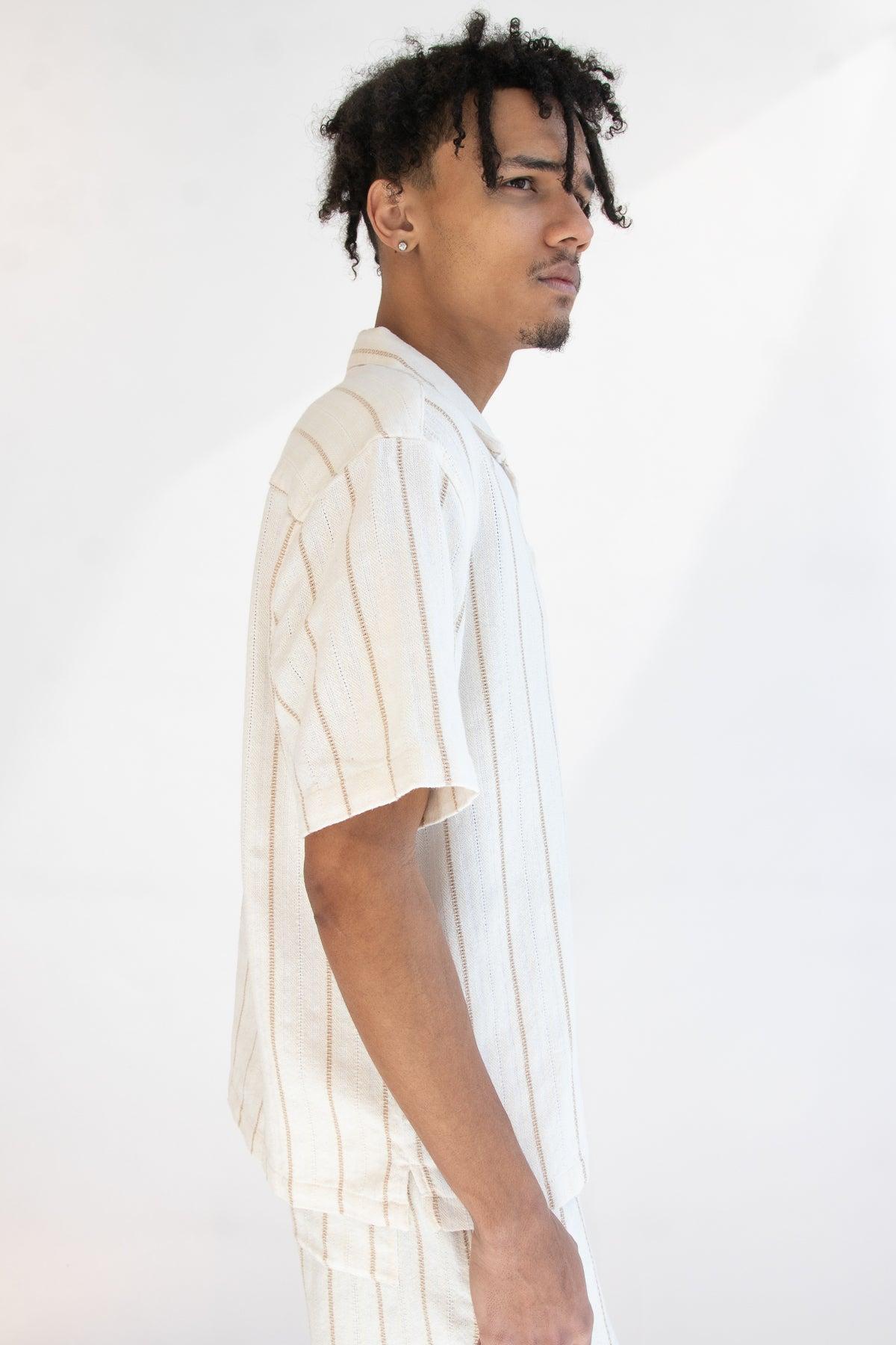 Khaki & White Striped Textured Button Up Shirt Product Image