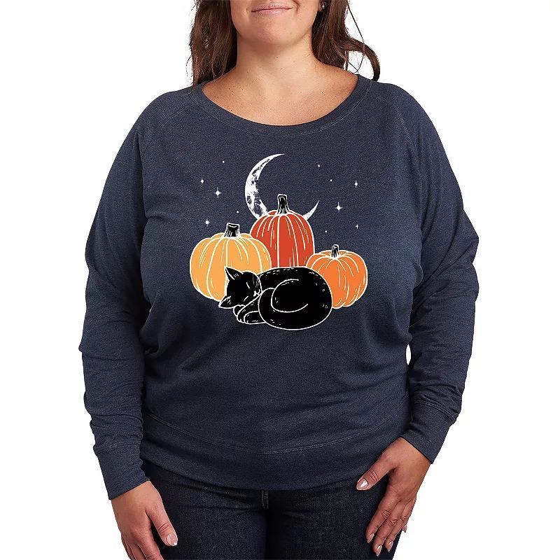 Plus Size Black Cat Pumpkin Nap French Terry Long Sleeve Tee, Women's, Size: 1XL, Grey Indigo Product Image