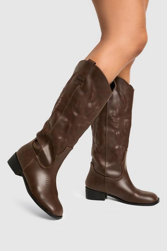 Square Toe Low Heel Knee High Western Boots Product Image