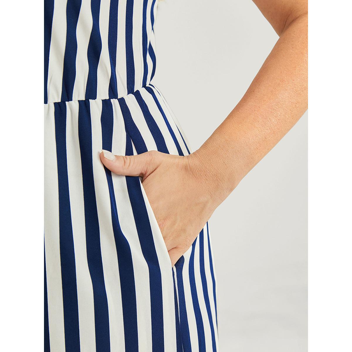 Plus Size DarkBlue Striped Print Contrast Lace Pocket Knot Tassels Tank Jumpsuit Women Office Sleeveless V-neck Office Loose Jumpsuits BloomChic 14-16/1X Product Image