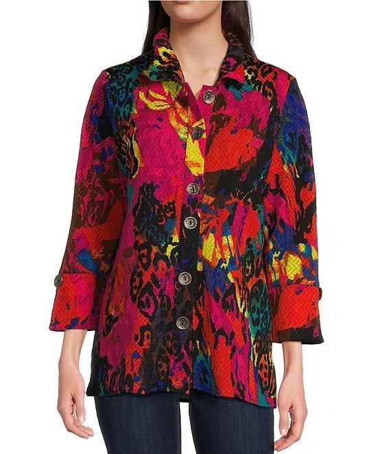 Calessa Textured Crinkle Patchwork Animal Print Stand Collar 3/4 Sleeve Button-Front Tunic Product Image