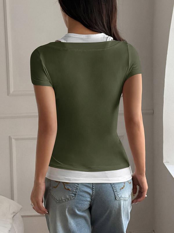 False Two Short Sleeves Buttoned Contrast Color Halter-Neck T-Shirts Tops Product Image