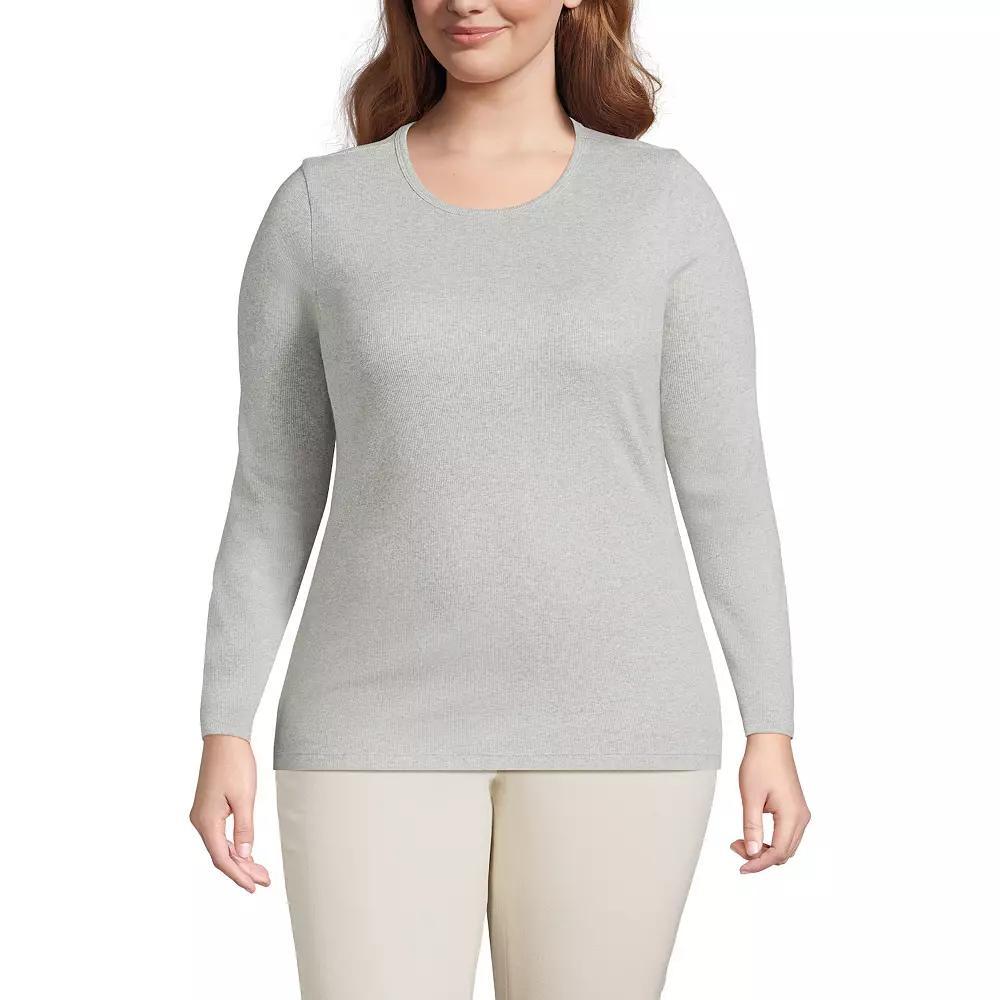 Plus Size Lands' End Long Sleeve Micro Rib Crewneck Top, Women's, Size: 1XL, Gray Grey Product Image