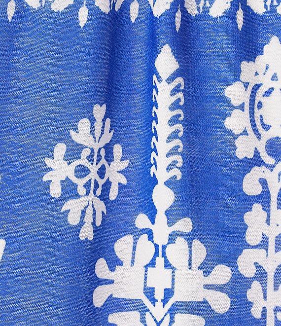 Calessa Plus Size Mesh Knit Split V-Neck 3/4 Sleeve Border Henna Print Tunic Product Image