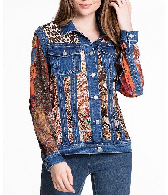 John Mark Point Collar Long Cuff Sleeve Cut-Out Multi Print Patch Denim Jacket Product Image
