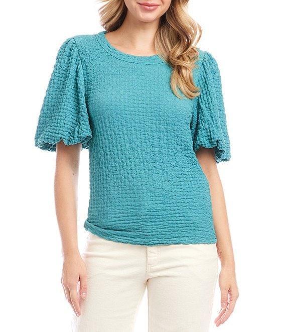 Karen Kane Crew Neck Short Bubble Puff Sleeve Textured Top Product Image