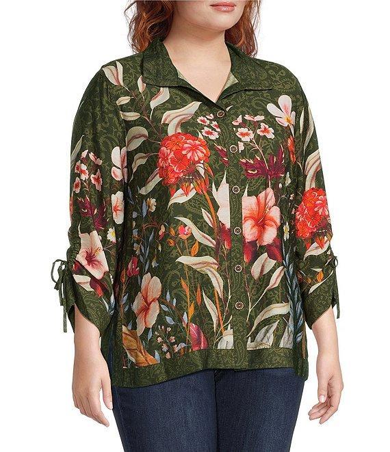 John Mark Plus Size Floral Print Wire Collar 3/4 Cinched Tie Sleeve Button Front Shirt Product Image