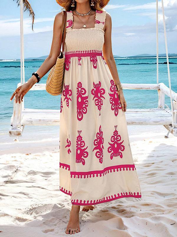 A-Line Loose Elasticity Pleated Printed Split-Joint Square-Neck Maxi Dresses Product Image