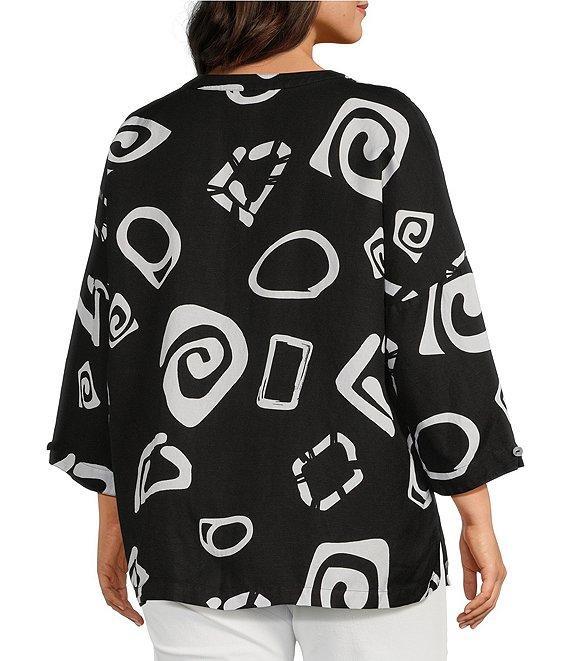 Ali Miles Plus Size Woven Abstract Print Stand Collar 3/4 Sleeve Button Front Tunic Product Image