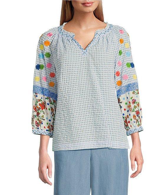 John Mark Embroidered Plaid Split V-Neck 3/4 Raglan Sleeve Tunic Product Image