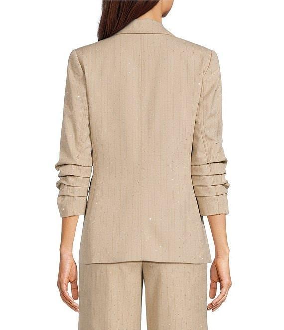 KARL LAGERFELD PARIS Notch Collar 3/4 Sleeve Rhinestone Studded Embellished Pinstripe Coordinating Blazer Product Image