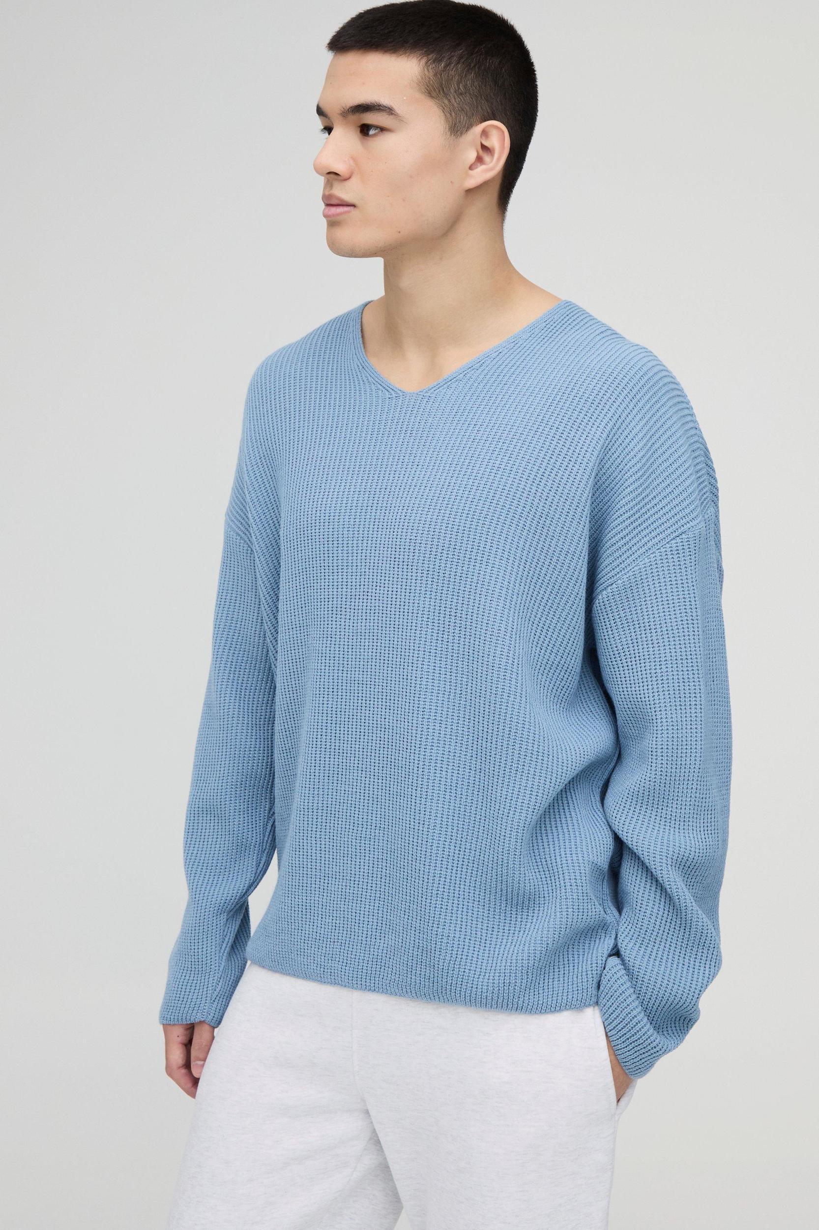 Oversized Dropped Shoulder Ribbed V Neck Knit Sweater | boohooMAN USA Product Image