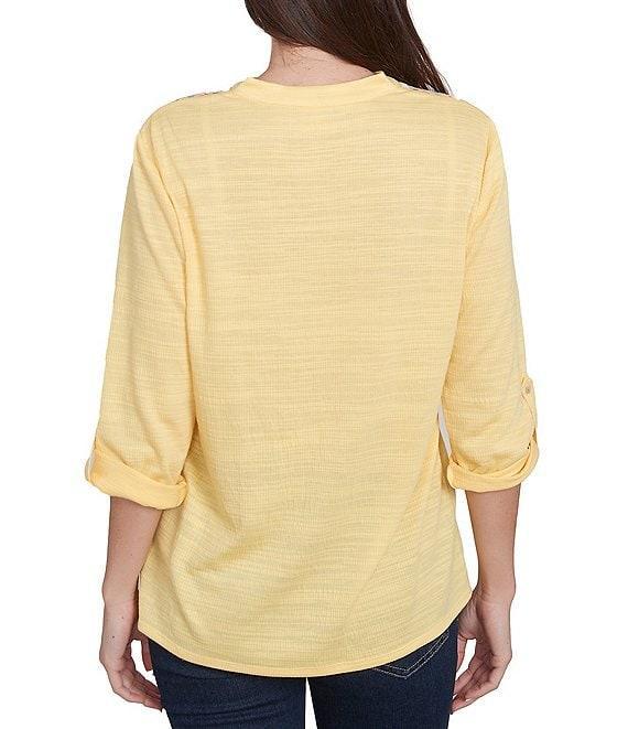 Ruby Rd. Knit Embroidery V-Neck 3/4 Roll-Tab Sleeve Top Product Image