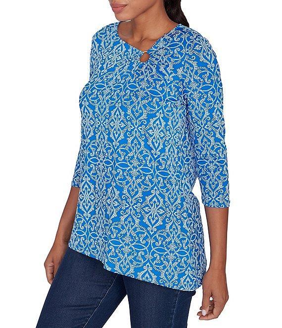 Ruby Rd. Medallion Knit Asymmetric Neck 3/4 Sleeve Top Product Image