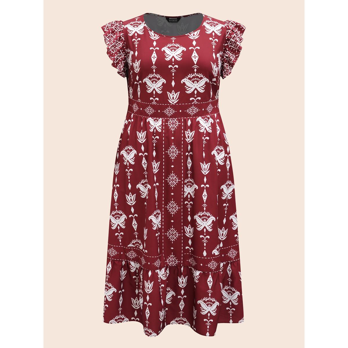 Plus Size Boho Print Stretchy-Waist Ruffled Midi Dress Russet Women Resort Shirred Round Neck Cap Sleeve Curvy BloomChic 26/4X Product Image