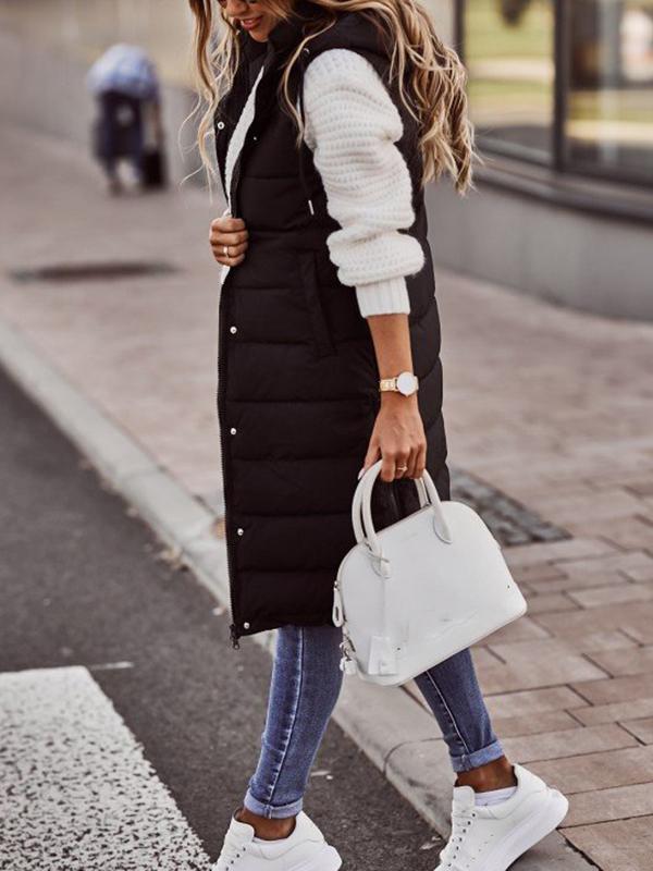 Hooded Sleeveless Buttoned Drawstring Keep Warm Solid Color Split-Joint Zipper Padded Coat Vest Outerwear Product Image