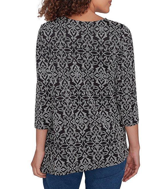 Ruby Rd. Medallion Knit Asymmetric Neck 3/4 Sleeve Top Product Image