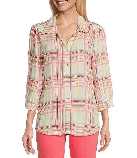 Allison Daley Coral Plaid Print 3/4 Sleeve Point Collar Button Front Shirt Product Image